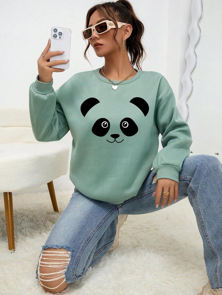 SHEIN EZwear Của phụ nữ Hoạt hình gấu trúc In Vòng cổ Áo nỉ - Màu xanh Bạc hà - Xem 1