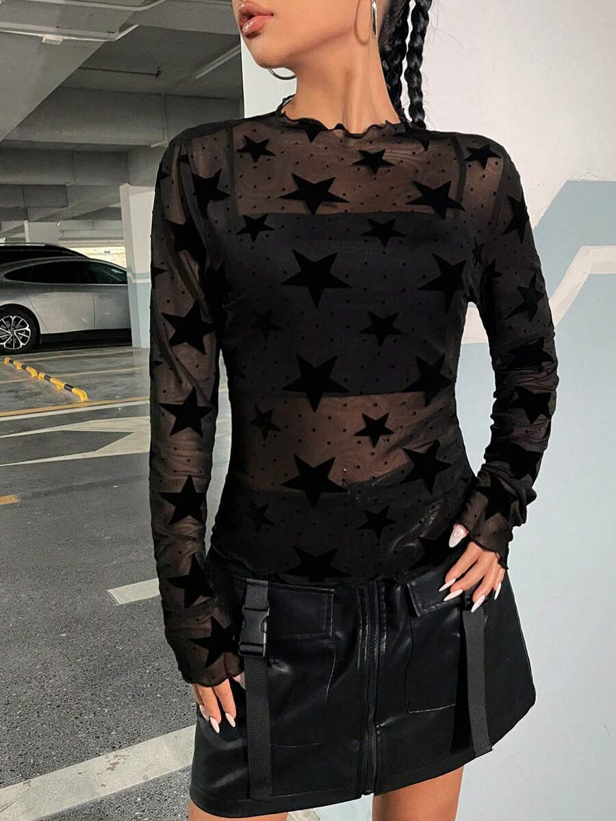 SHEIN EZwear 星星網眼透視上衣 - 黑色 - 查看 1