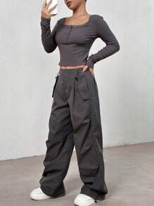 SHEIN EZwear Halve knop Crop T-shirt & Taille met trekkoord Broeken