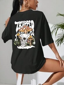 SHEIN EZwear 蘑菇和字母圖案落肩T恤 - 黑色 - 查看 5