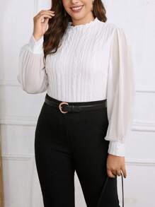 SHEIN Privé 大碼小高領燈籠袖上衣 - 白色 - 查看 3