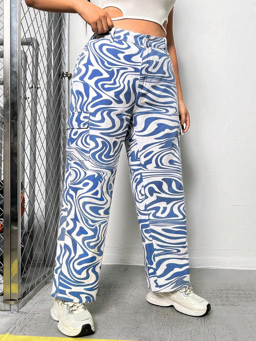 SHEIN ICON Plus Allover Print Straight Leg Jeans - Multicolor - View 1