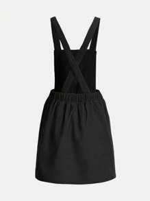 SHEIN Cô gái Tween Nút phía trước Vải to sợi Đầm Tổng thể - màu đen - Xem 2