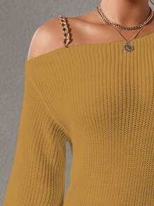 Celure Hơn Chi tiết chuỗi Cổ không đối xứng Thả vai Đầm Áo len - Màu vàng - Xem 6