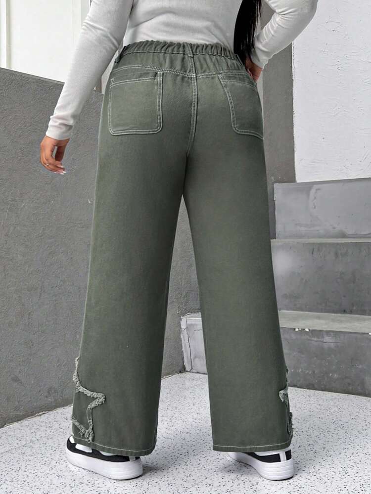 Plus Star Patched Top-stitching Wide Leg Jeans