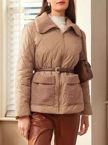 SHEIN Frenchy Của phụ nữ Vá lại Vòng cổ & Thiết kế túi Áo khoác bông Áo khoác - Màu Khaki - Xem 1