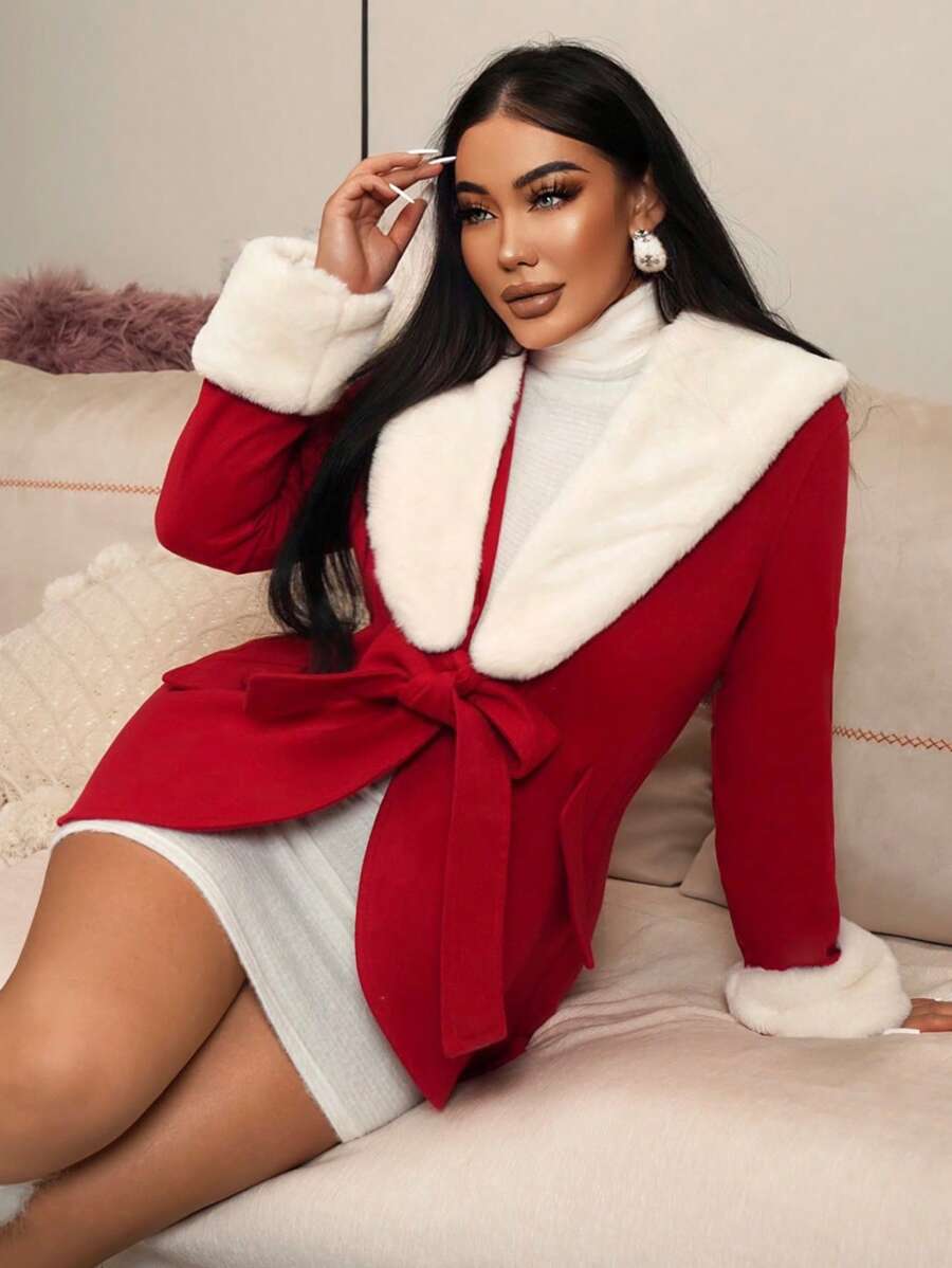 Zolique Borg Collar Belted Overcoat Fall Cloth For Women - Red - View 1