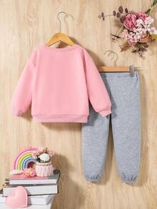 女小童卡通和標語圖案加絨內裏套頭衫和運動褲 - 彩色 - 查看 2