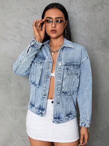 SHEIN ICON Flap Pocket Drop Shoulder Denim Jacket - Light Wash - View 4