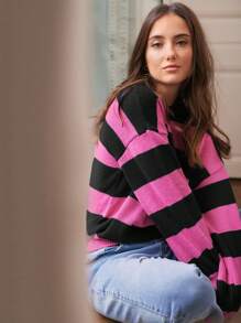 SHEIN Frenchy Mẫu sọc Thả vai Áo len - màu đen - Xem 1