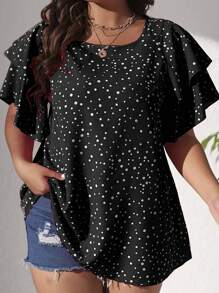 SHEIN Clasi Plus Polka Dot Print Butterfly Sleeve Blouse, Summer - Black - View 1