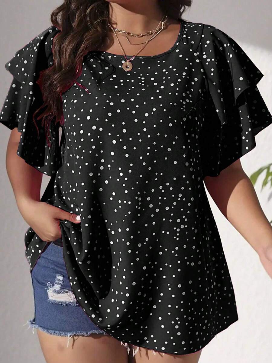 SHEIN Clasi Plus Polka Dot Print Butterfly Sleeve Blouse, Summer - Black - View 1