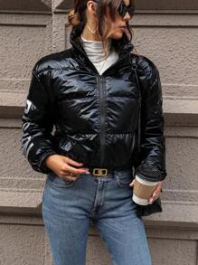SHEIN LUNE Của phụ nữ Tay áo dài Áo lông Jacket  Với In thư - màu đen - Xem 6