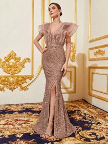 Faeriesty 女士优雅荷叶边领长款晚礼服 - 开衩鱼尾裙摆，闪亮亮片面料，修身剪裁 | 完美适用于正式晚宴和婚礼 | 搭配吸睛珠宝和细高跟鞋，打造夏季度假造型