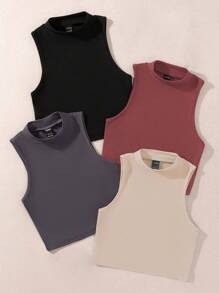 SHEIN Unity 4pcs Solid Mock Neck Ribbed Knit Tank Top - Multicolor - View 4