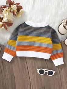 Đứa bé gái Khối màu Tương phản ràng buộc Áo len Mở - Nhiều màu - Xem 2