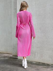 GENKIRA Solid Plunging Neck Flounce Sleeve Plisse Dress Fall Cloth For Women - Hot Pink - View 2