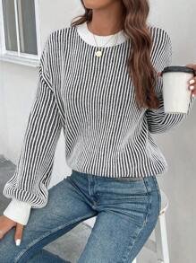 SHEIN Essnce 條紋圖案落肩袖套頭毛衣 - 黑與白 - 查看 6