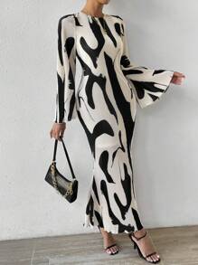 RosyDaze Allover Print Flounce Sleeve Mermaid Hem Dress Maxi Women Outfit Fall Cloth For Women