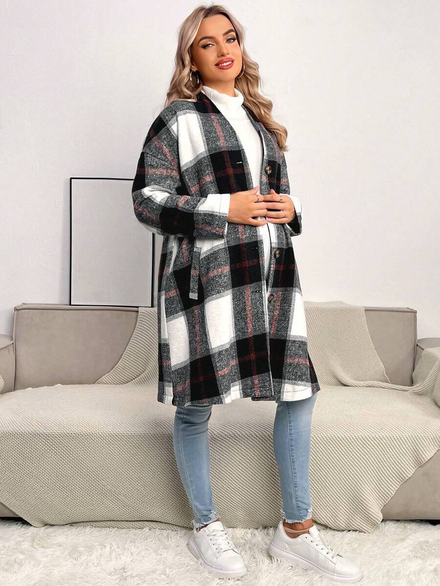 SHEIN Maternity Plaid Drop Shoulder Open Front Coat, For Winter - Black and White - View 1