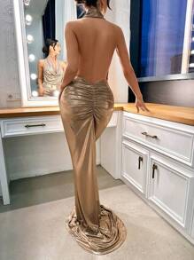 EURMUSE Draped Collar Backless Mermaid Hem Metallic Halter Neck Dress - Silver - View 2