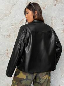 SHEIN EZwear Hơn Dây kéo Da nhìn Áo khoác - màu đen - Xem 2