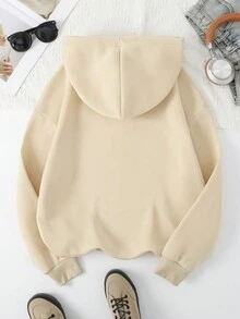 SHEIN EZwear Letter Graphic Kangaroo Pocket Drawstring Thermal Hoodie - Apricot - View 2