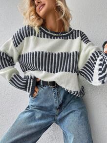EURMUSE Striped Pattern Drop Shoulder Sweater - Dark Grey - View 5