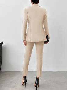 SHEIN Women's Solid Color Notch Lapel Suit Set With Long Coat And Pants - Beige - View 2