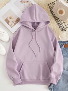 SHEIN EZwear Slogan & Floral Print Kangaroo Pocket Drawstring Thermal Hoodie - Lilac Purple - View 2