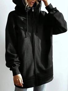 SHEIN EZwear 女款束口拉鍊帽衫,休閒運動風格 - 黑色 - 查看 1