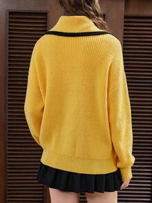 SHEIN EZwear Thêu trái tim Tương phản ràng buộc Thả vai Dây kéo Áo len Mở - Màu vàng - Xem 2