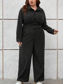 SHEIN Essnce 大碼翻蓋細節腰帶襯衫連體褲 - 黑色 - 查看 5