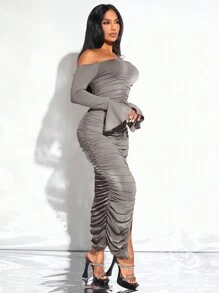 SHEIN SXY Vestido De Manga Larga Con Hendidura Y Reunido En Un Hombro - Verde - Ver 6