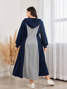 Mulvari Plus Letter Graphic Colorblock Drawstring Hooded Sweatshirt Dress Pullover Fall Outfit