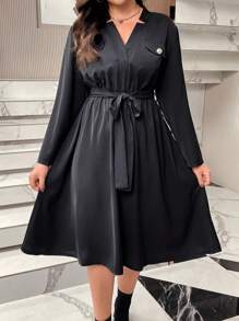 Calvaya Plus Notched Neckline Belted Dress - Black - View 1