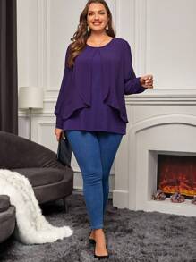 EMERY ROSE Plus Solid Lantern Sleeve Top - Violet Purple - View 5
