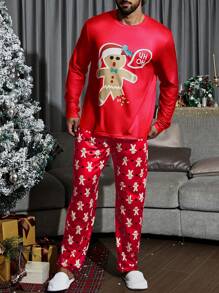 Men Christmas Print PJ Set - Red - View 3