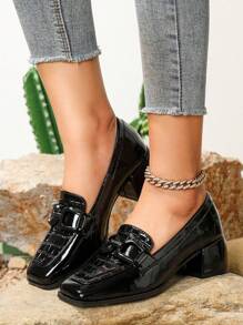 女士棕色方头休闲粗跟穆勒鞋