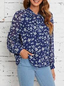 SHEIN Frenchy 花卉印花系帶前短袖襯衫 - 藏蓝色 - 查看 3