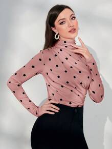 Mulvari Camiseta con estampado de lunares de cuello alto fruncido - Rosa - Ver 5