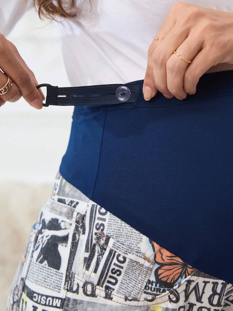 Maternity High Waist Denim Pants With Newspaper And Butterfly Print Jeans