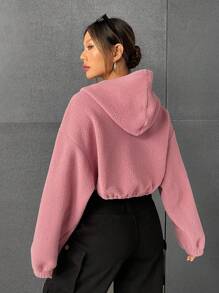 SHEIN EZwear 淺粉色毛茸茸拉繩下擺連帽外套 - 藕粉色 - 查看 2