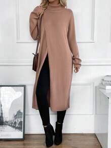 SHEIN LUNE 高领裹身下摆针织套头衫秋冬毛衣 - 卡其色 - 查看 6