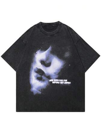 男士人物和標語圖案落肩T恤