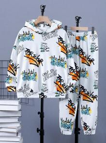 SHEIN Tween Boy Letter Graphic Hoodie & Sweatpants - Multicolor - View 1