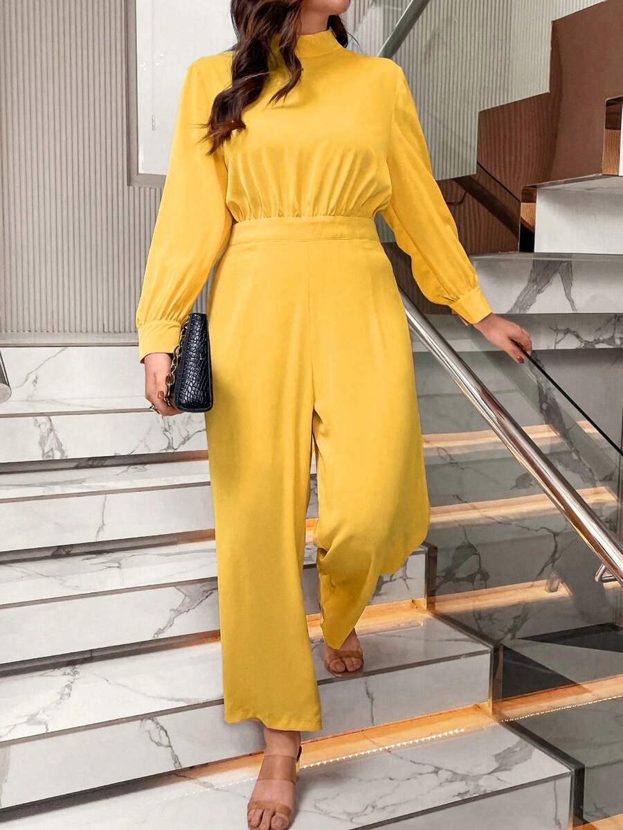 Calvaya Plus Mock Neck Wide Leg Jumpsuit - Yellow - View 1