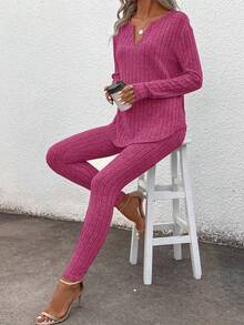 SHEIN LUNE 2pcs/Set Women Basic Black Thermal Underwear Set, Long Sleeve T-Shirt & Leggings, Winter New Arrival Matching Pajama Set - Hot Pink - View 5