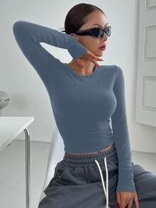 DAZY Camiseta crop unicolor térmico - Neblina azul - Ver 3