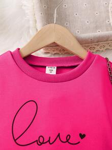 SHEIN 女童時尚簡約口號心形圓領運動衫秋冬款 - 玫紅色 - 查看 5